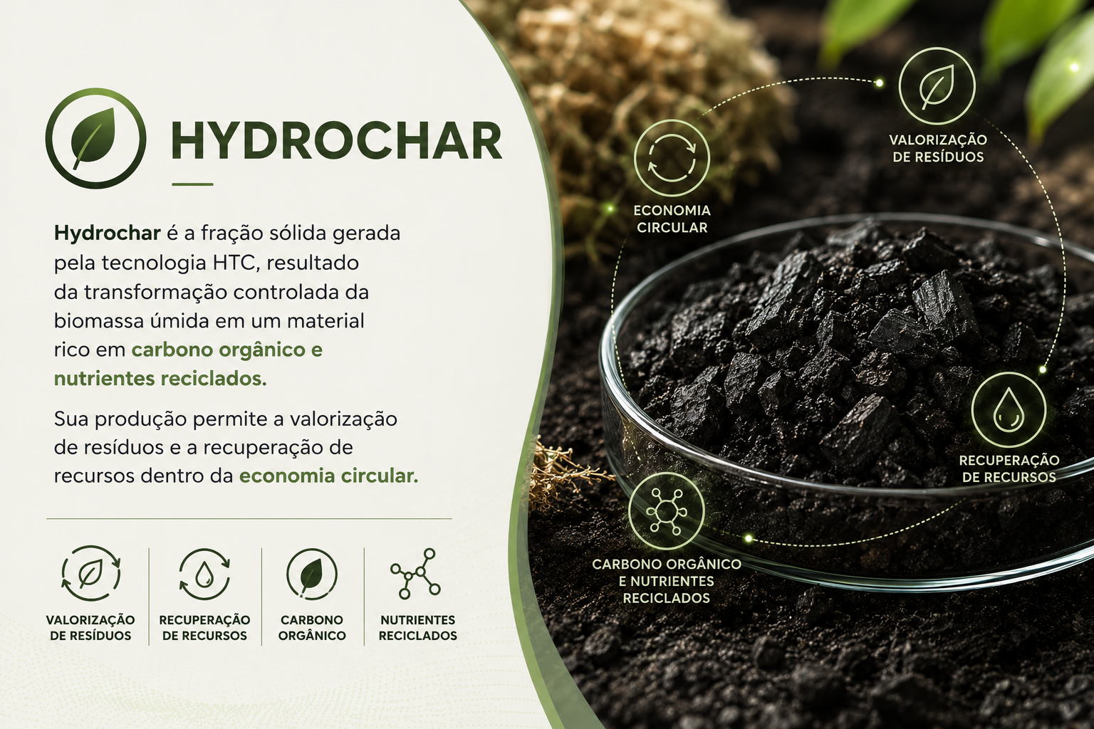 Hidrochar — fração sólida granular obtida via Carbonização Hidrotérmica (HTC).