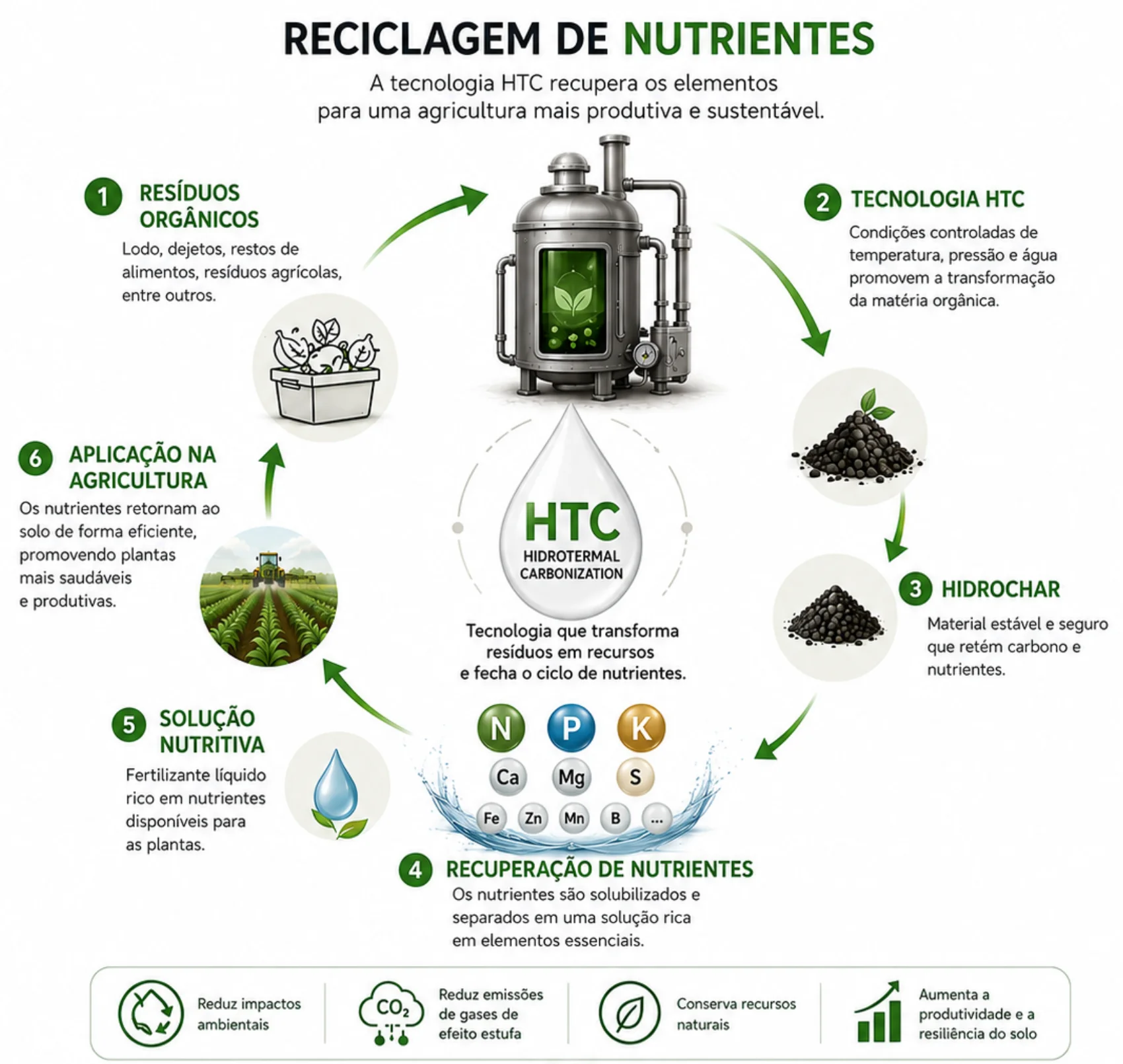 Infográfico técnico — etapas da reciclagem de nutrientes via HTC: resíduo orgânico, reator HTC, hydrochar, recuperação de nutrientes, solução nutritiva e aplicação agrícola.