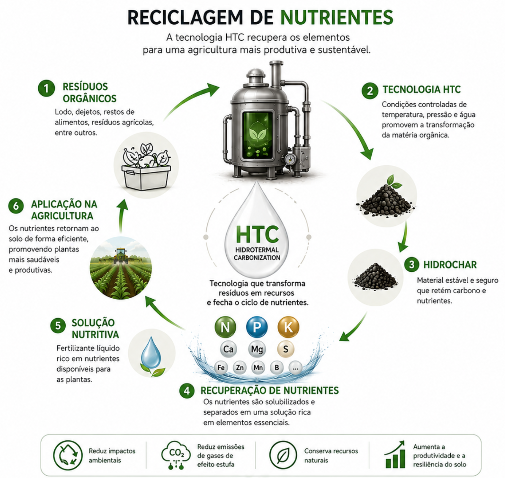 Infográfico técnico — etapas da reciclagem de nutrientes via HTC: resíduo orgânico, reator HTC, hydrochar, recuperação de nutrientes, solução nutritiva e aplicação agrícola.
